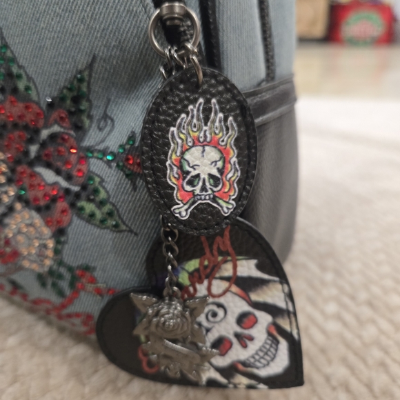 Ed Hardy Mini Blue Denim Back Pack Love Kills Slowly Skull Y2K NWT - Picture 7 of 15